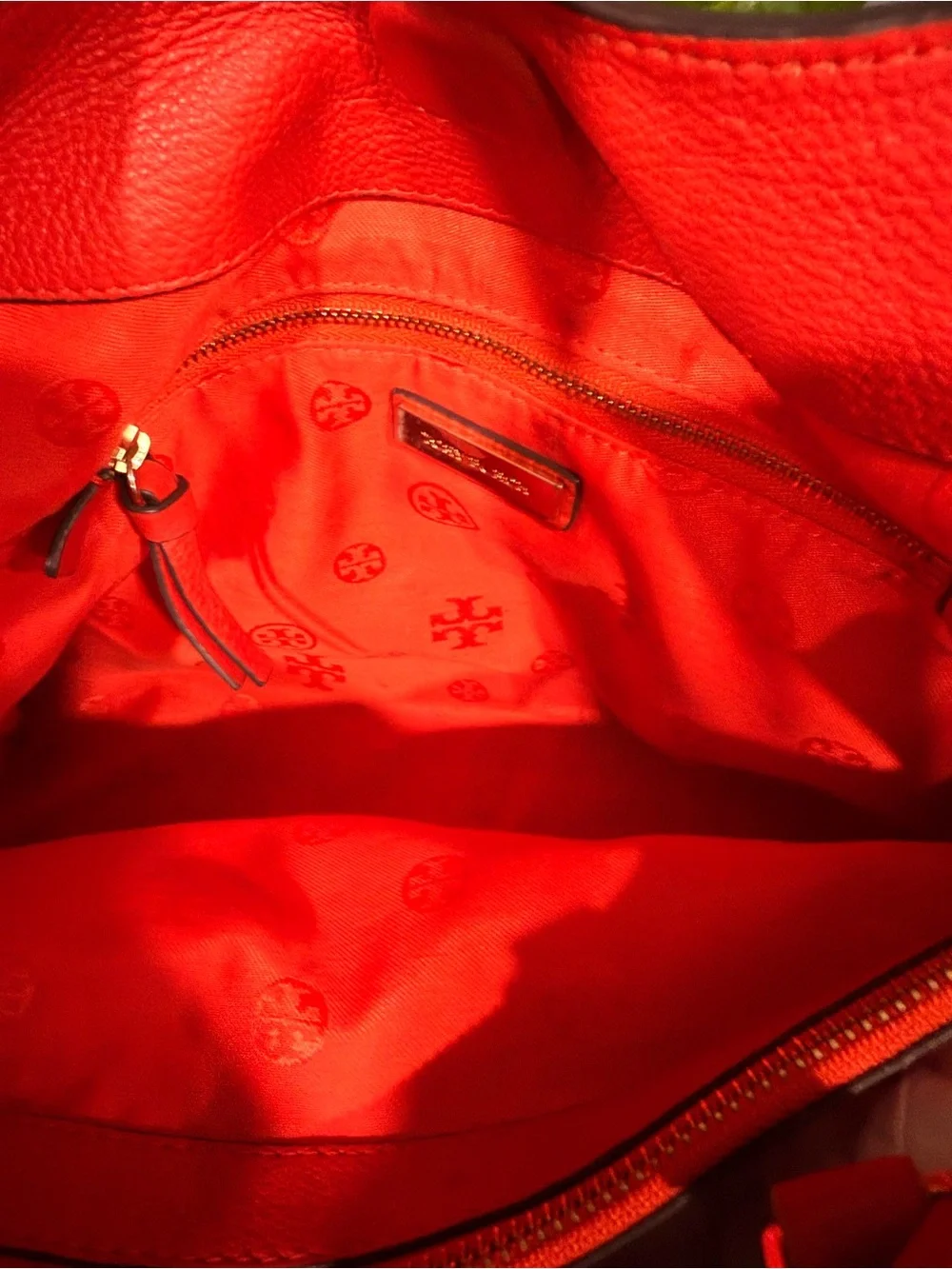 Tory Burch Bright Dark Red Pebbled Leather Tote